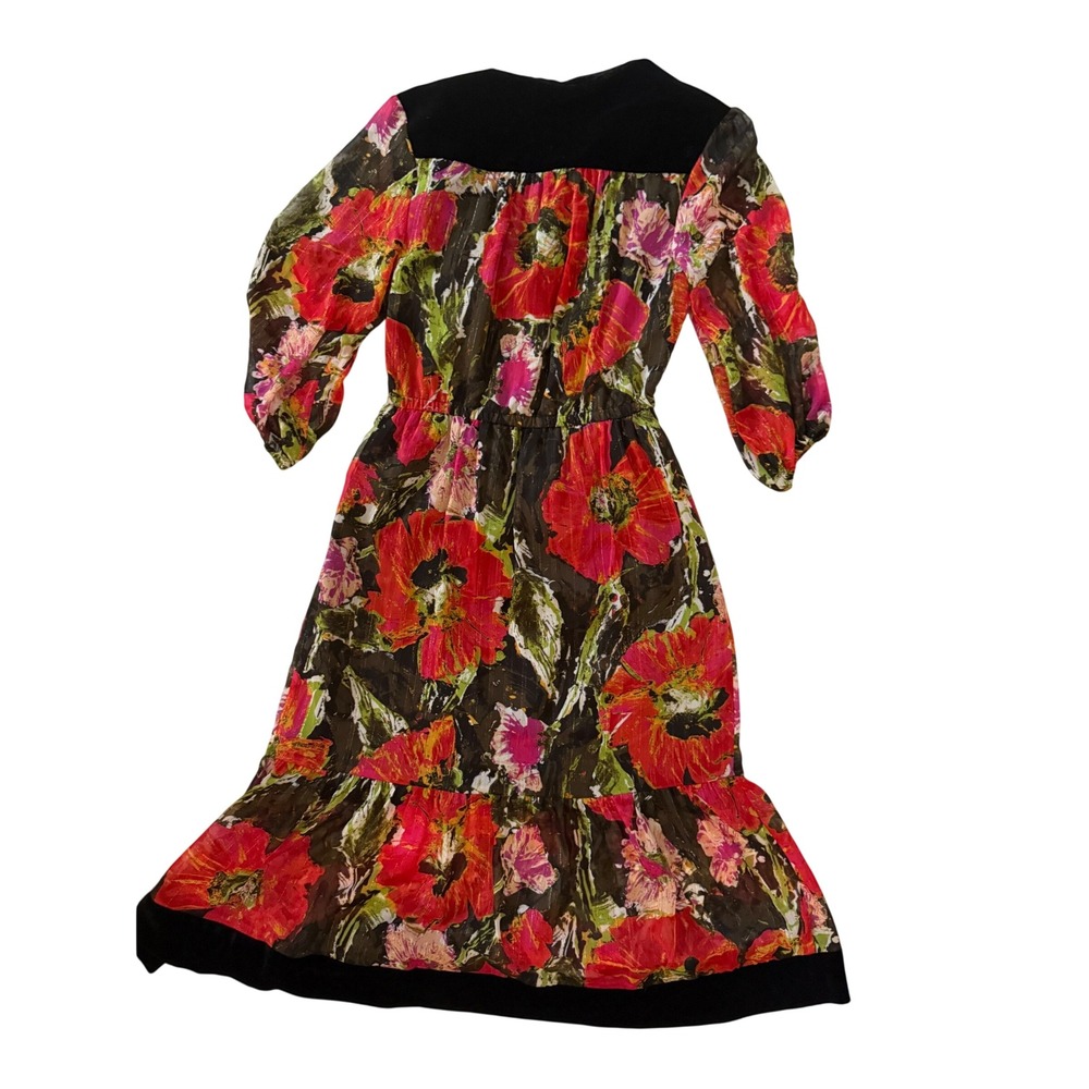 Kaari Blue Floral Poppy Shimmer Midi Dress Velvet Accent Boho Whimsygoth S - Picture 5 of 5
